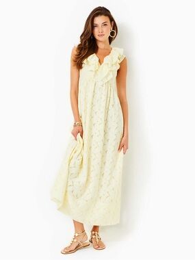 Lilly Pulitzer Ritamarie V-Neck Ruffle Maxi Dress Butter Yellow Flora Faille 0